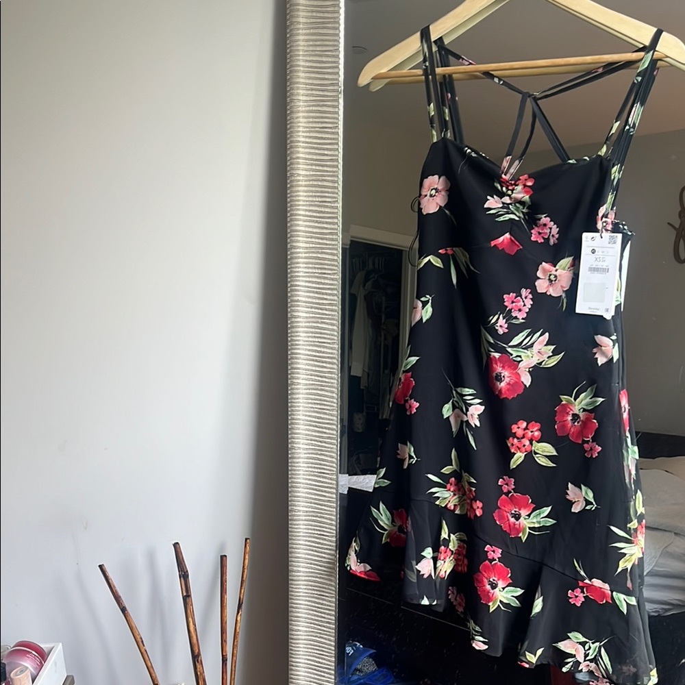 NWT Bershka Black Floral Strappy Dress